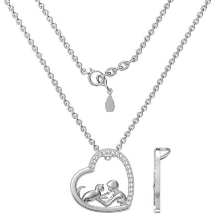 Strieborný náhrdelník - mačka, srdiečko, číre okrúhle zirkóny, dĺžka 43 až 46 cm | Argento.sk