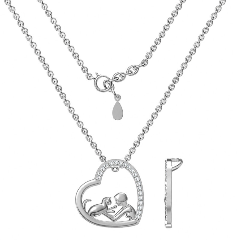 Strieborný náhrdelník - mačka, srdiečko, číre okrúhle zirkóny, dĺžka 43 až 46 cm | Argento.sk