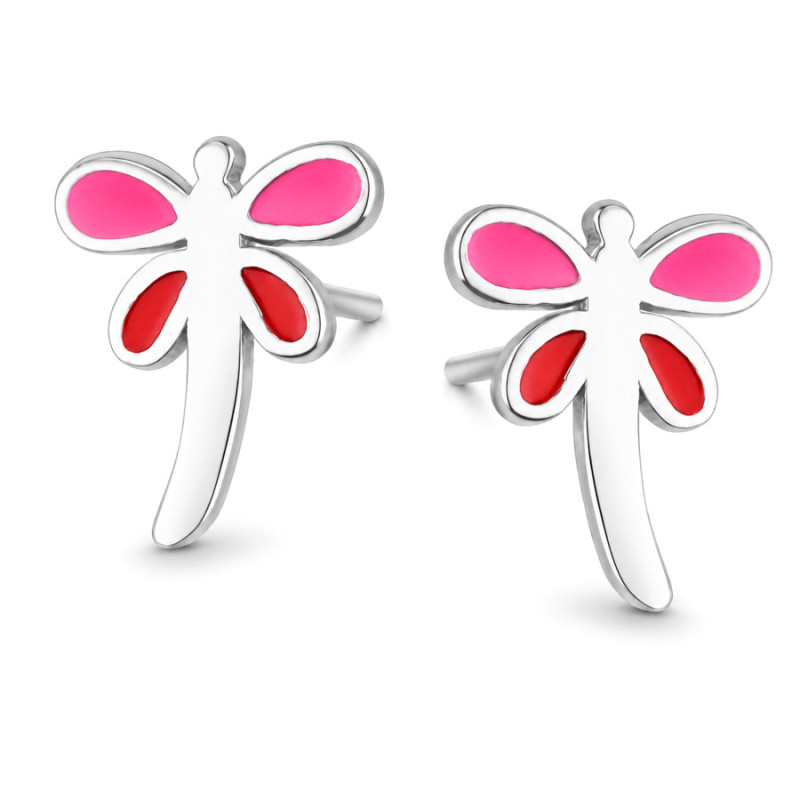 Strieborné náušnice - vážka, červená glazúra, ružová glazúra | Argento.sk