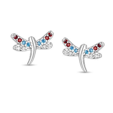 Strieborné náušnice - vážka, farebné okrúhle zirkóny | Argento.sk