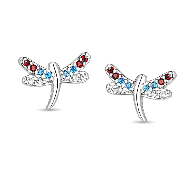 Strieborné náušnice - vážka, farebné okrúhle zirkóny | Argento.sk
