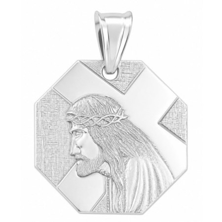 Strieborný prívesok - Ježiš Kristus s tŕňovou korunou, osemhranná medaila s krížom | Argento.sk