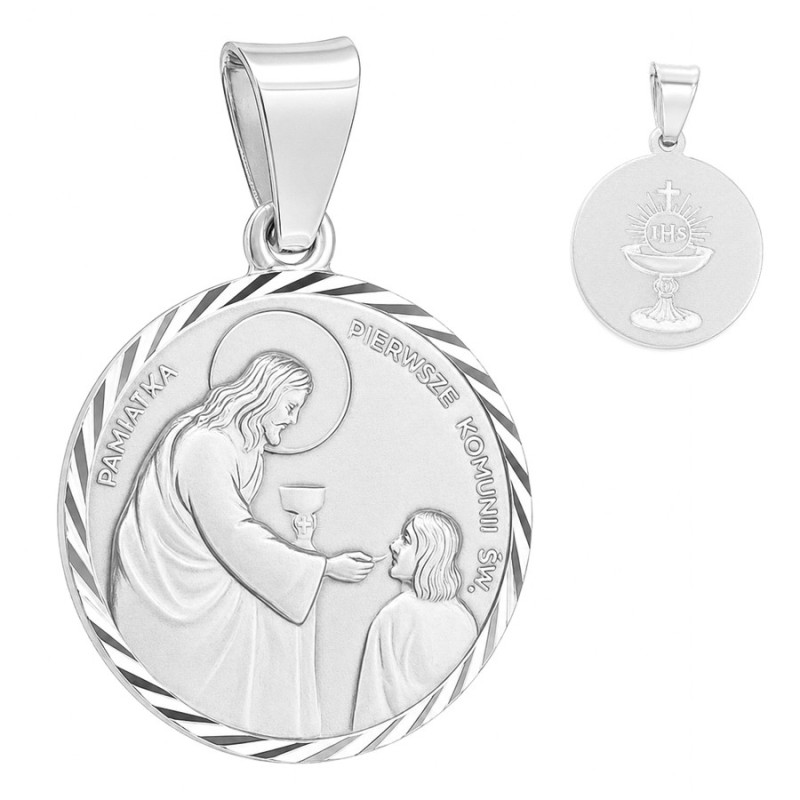 Strieborný prívesok - prvé sväté prijímanie - Kristus podáva prijímanie chlapcovi, na rube kalich s hostiou | Argento.sk