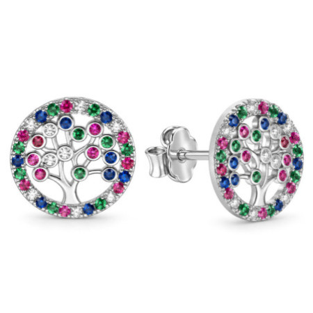 Strieborné náušnice - strom života, farebné okrúhle zirkóny | Argento.sk
