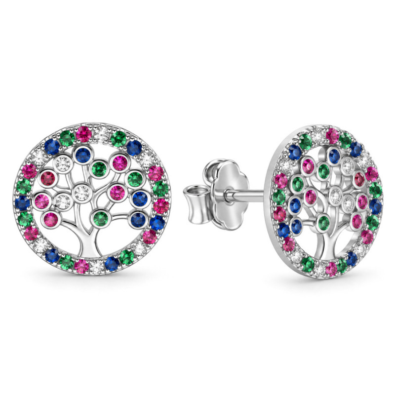 Strieborné náušnice - strom života, farebné okrúhle zirkóny | Argento.sk