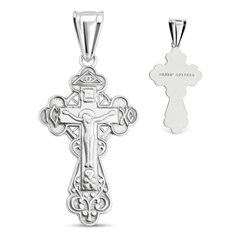 Strieborný prívesok - pravoslávny krížik s Kristom, Božie oko, lebka | Argento.sk
