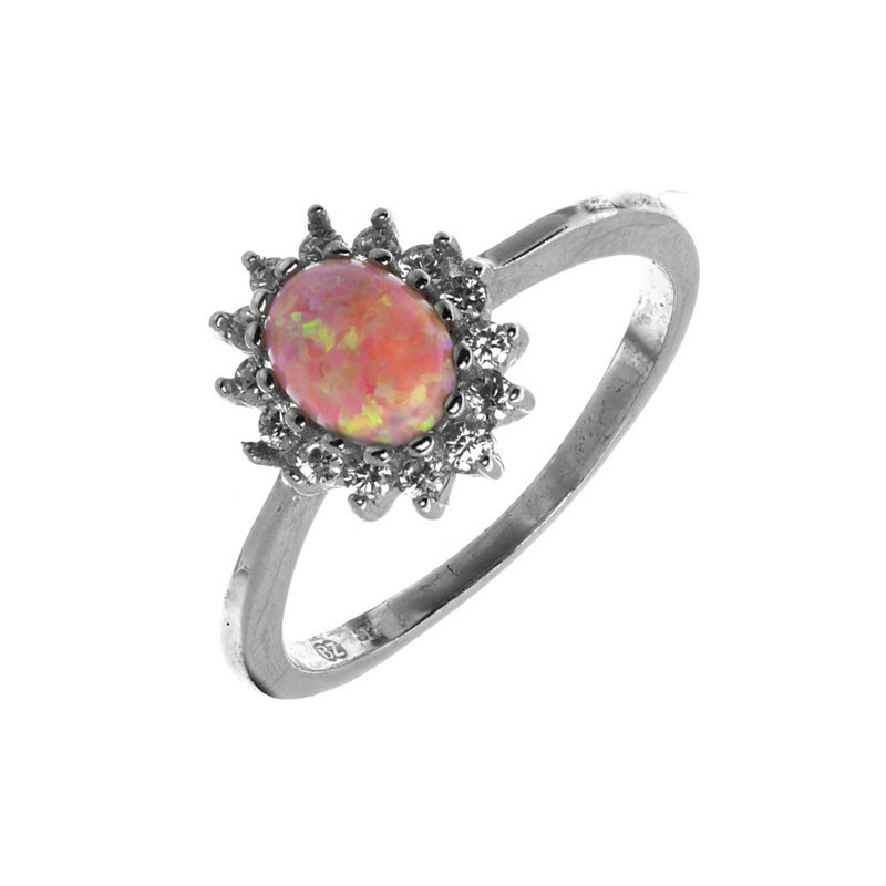 Strieborný prsteň s ružovým opálom a zirkónmi