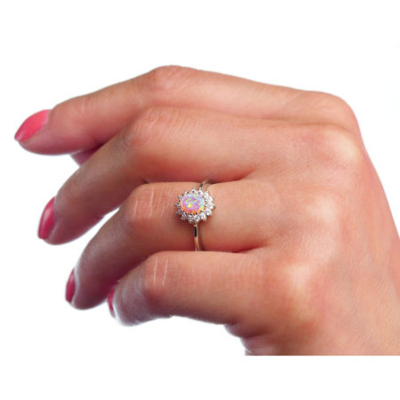 Strieborný prsteň s ružovým opálom a zirkónmi