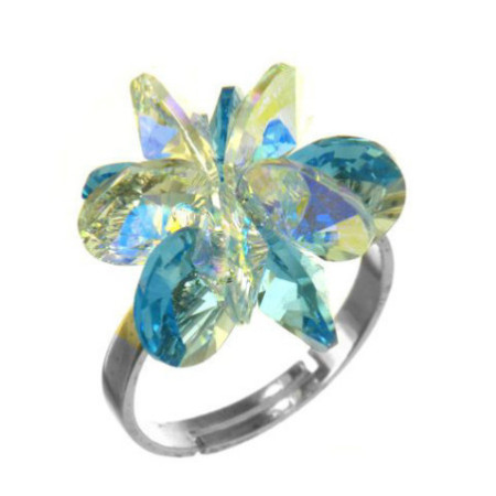 Strieborný prsteň so Swarovski elements aqua kvet