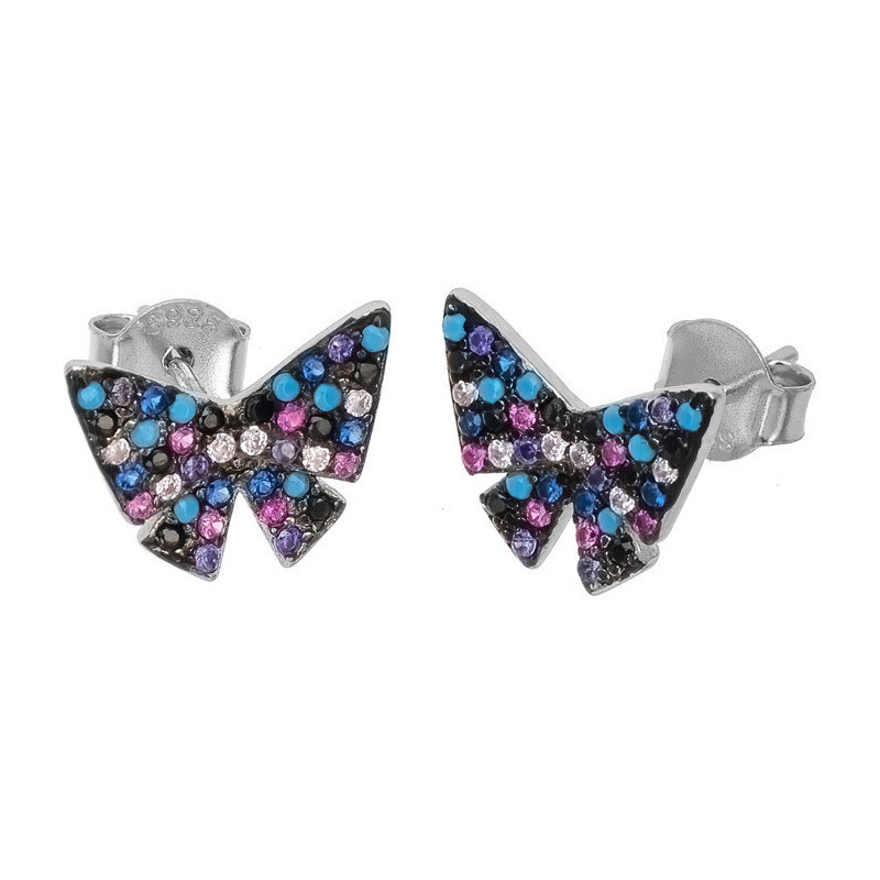 Strieborné napichovacie náušnice motýle s farebnými zirkónmi