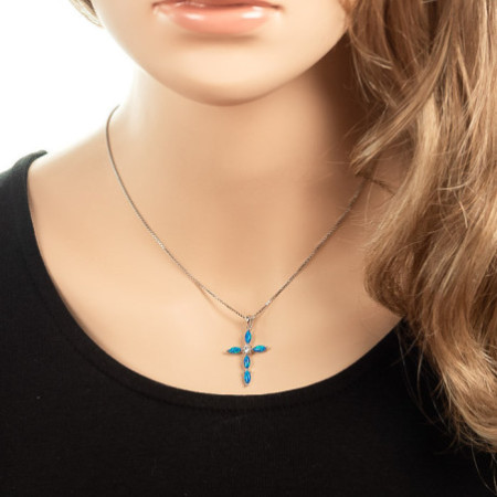Strieborný prívesok kríž s modrým opálom a zirkónom