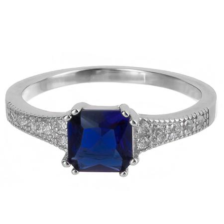 Strieborný prsteň - modrý zirkón v tvare štvorca, číre okrúhle zirkóny | Argento.sk