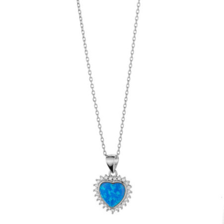 Strieborný náhrdelník srdiečko s modrým opálom a zirkónmi 43 až 46 cm