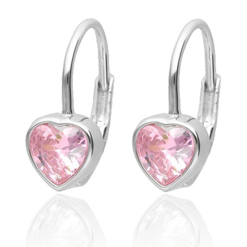 Strieborné náušnice - srdiečka, ružový zirkón v tvare srdiečka | Argento.sk