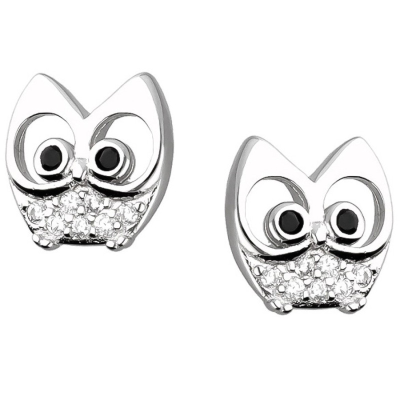 Strieborné náušnice - sova, čierne okrúhle zirkóny, číre okrúhle zirkóny | Argento.sk