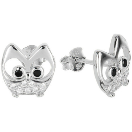 Strieborné náušnice - sova, čierne okrúhle zirkóny, číre okrúhle zirkóny | Argento.sk
