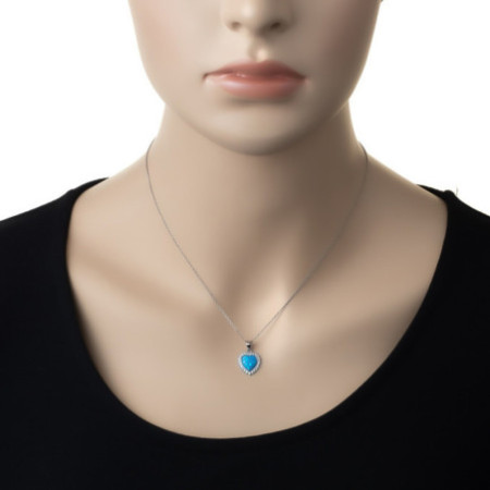 Strieborný náhrdelník - srdiečko, modrý syntetický opál v tvare srdiečka, číre okrúhle zirkóny, dĺžka 43 až 46 cm | Argento.sk