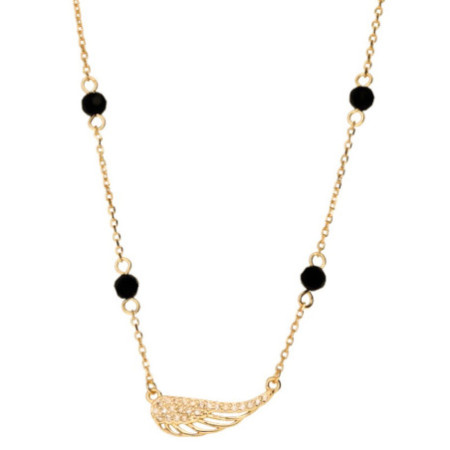 Pozlátený strieborný náhrdelník - anjelské krídlo, čierne zirkóny v tvare guľôčky, číre okrúhle zirkóny, dĺžka 42 až 45 cm | Arg