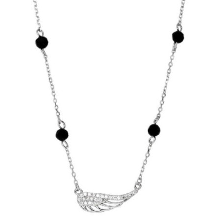 Strieborný náhrdelník - anjelské krídlo, čierne zirkóny v tvare guľôčky, číre okrúhle zirkóny, dĺžka 43 až 46 cm | Argento.sk