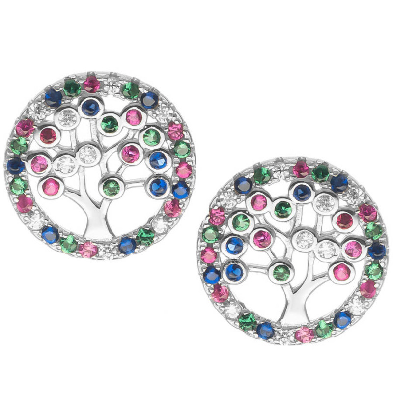 Strieborné náušnice - strom života, farebné okrúhle zirkóny | Argento.sk