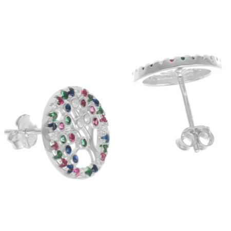 Strieborné náušnice - strom života, farebné okrúhle zirkóny | Argento.sk